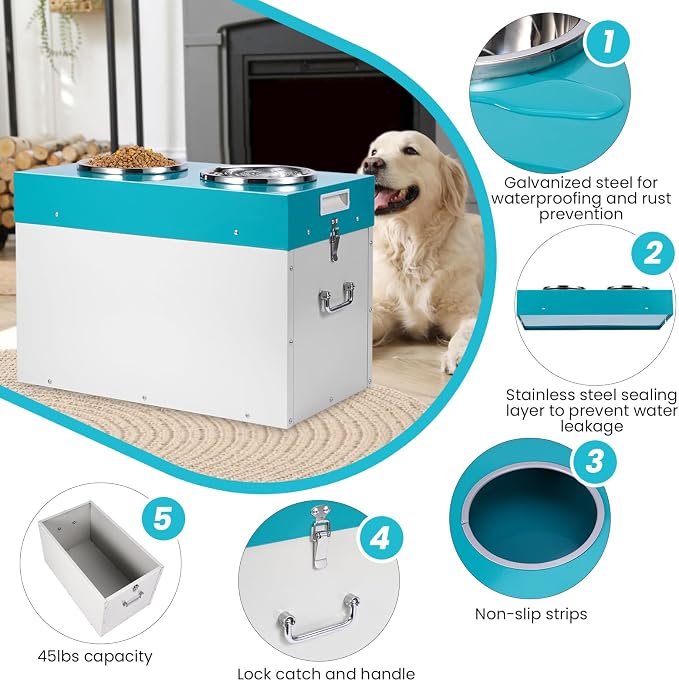 Elevated Dog Bowls with Storage Large Breed 15" H Raised Dog Bowl | 2 In 1 Pet Food Storage Container & Feeder, Galvanized Pet Feeder Feeding Station, Waterproof, Leak-proof, Holds Up To 45 Lbs