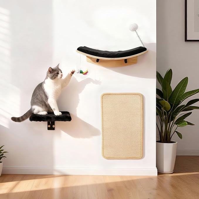 Wooden Cat Wall Shelves and Perches, 5 Piece Wall Mounted Cat Furniture System with Soft Washable Pads, Modern & Space-Saving Design for Climbing and Play