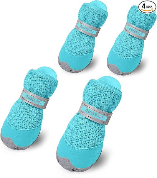 QUMY 4PCS Dog Shoes for Small Dogs, Hot Pavement Summer Puppy Dog Boots & Paw Protectors with Soft Anti-Slip Rubber Sole, Mesh Breathable Dog Booties for Hardfloors, Walking Running Blue Size 4