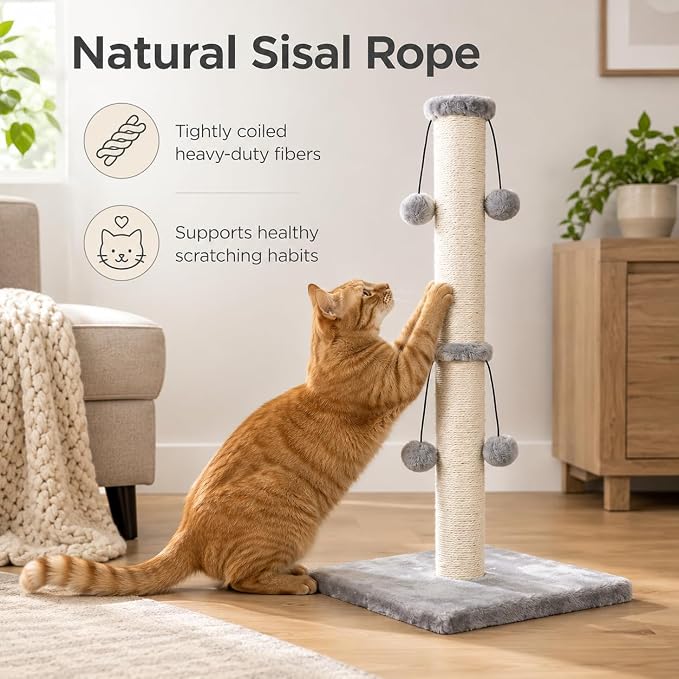 Dimaka 34'' Cat Scratching Post, Cat Scratching Post, Cat Scratcher for Large Cats with Teasing Toy Ball, Natural Sisal White and Grey (Grey)