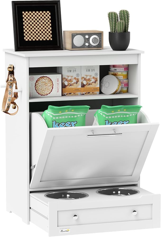 PawHut Dog Feeding Station with Raised Bowls, Pet Feeder Station, White | Dog Food Storage Cabinet, Hanger for Feeding & Watering Supplies