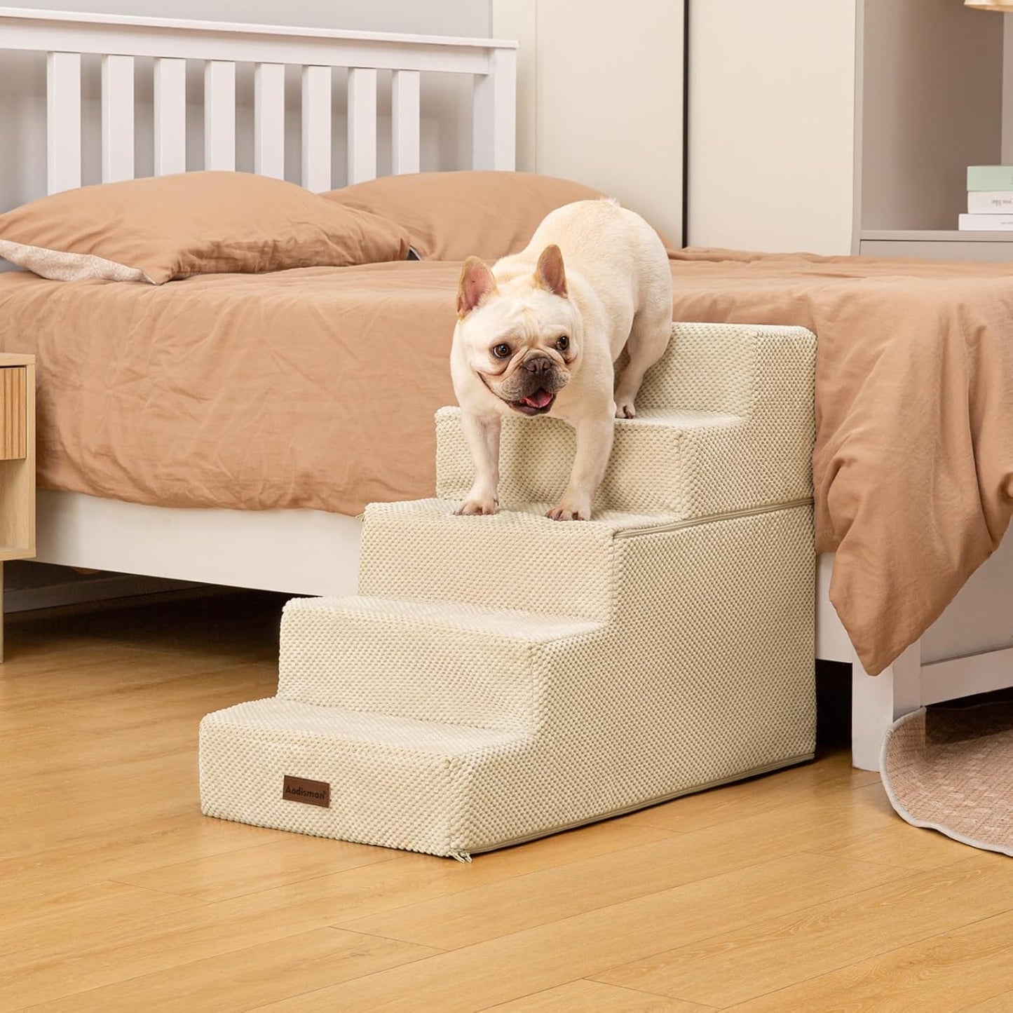 Dog Stairs for High Bed 22.6" H,5-Step Dog Steps for Small Dogs and Cats,Indoor Non-Slip Balanced Pet Stairs are Suitable for Puppy,Older Cat,Beige