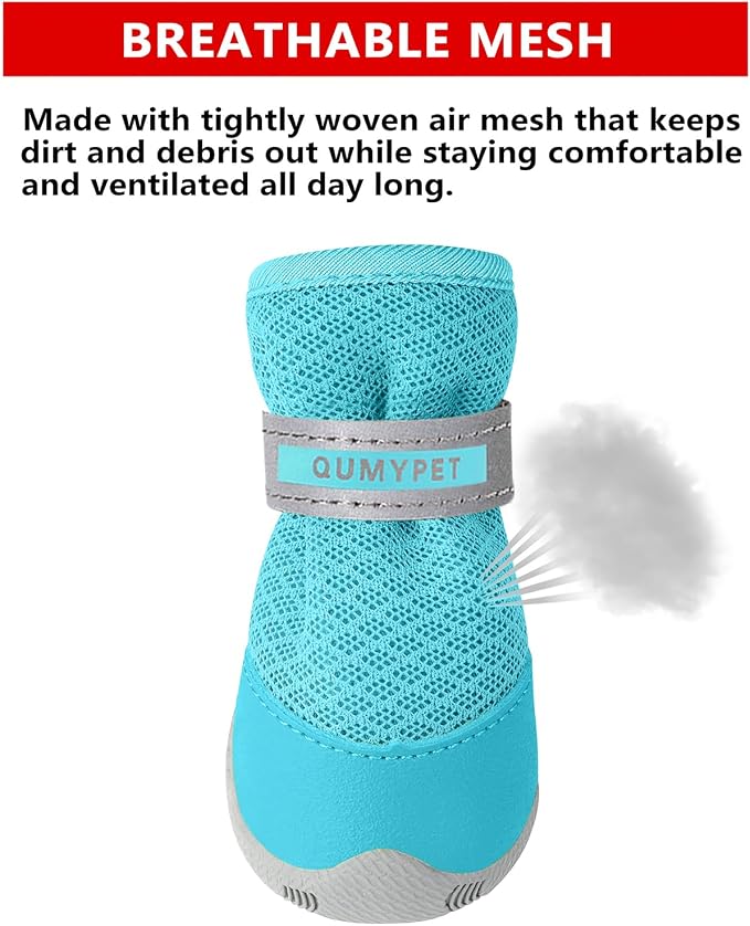QUMY 4PCS Dog Shoes for Small Dogs, Hot Pavement Summer Puppy Dog Boots & Paw Protectors with Soft Anti-Slip Rubber Sole, Mesh Breathable Dog Booties for Hardfloors, Walking Running Blue Size 2