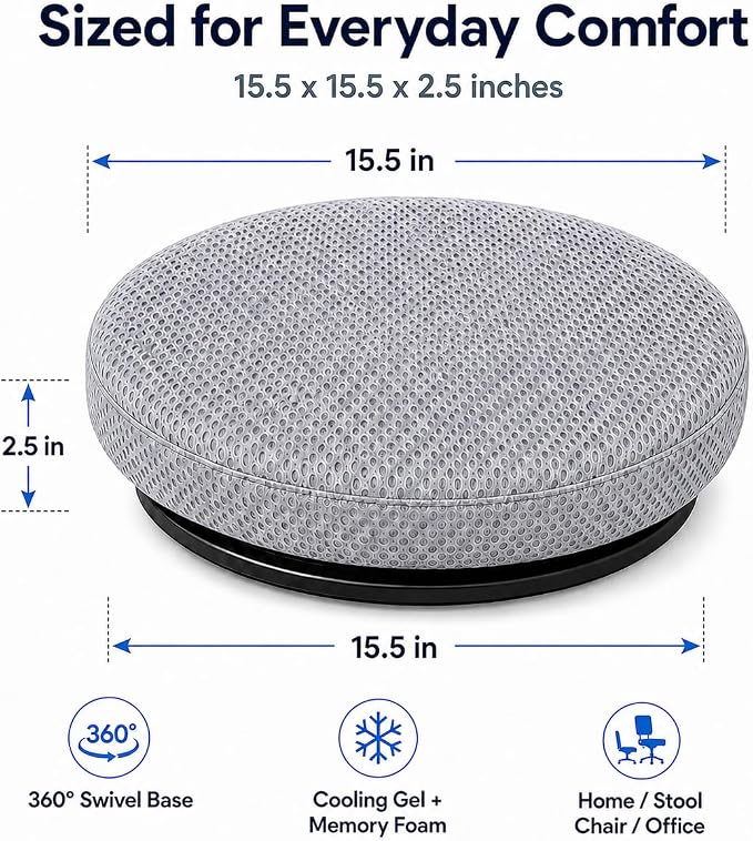 Sojoy iGelComfort Deluxe Gel Swivel Seat Cushion with Supportive Memory Foam 360 Degrees Rotating Seat Cushion for Home,Stool Chair,Office (Gray, 15.5 * 15.5 * 2.5 - Mesh)