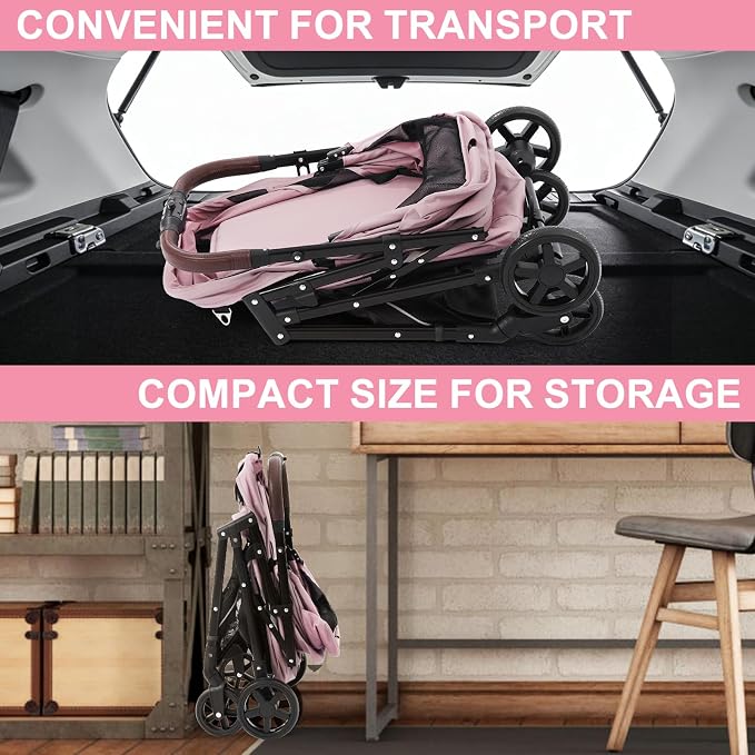 No-Zip Pet Stroller for Small Dogs & Cats, 44 lb, Pink | No-Zip Canopy, 44 lb Capacity, Reflective Trim, 2 Tethers, Lockable Front Wheels, Rear Brake and One-Hand Fold