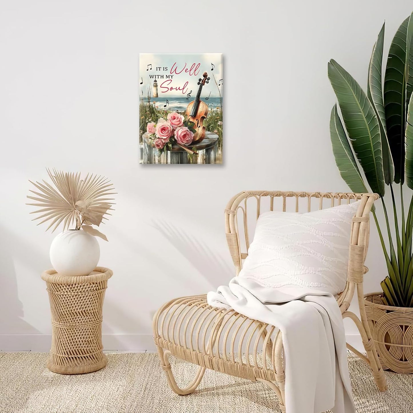 Violin Pictures Wall Art, Music Rustic Inspirational Bathroom Wall Decor, Coastal lighthouse Framed Painting Rose Aesthetics Canvas Artwork for Bathroom Bedroom Living Room Decorations 16"L x 12"W