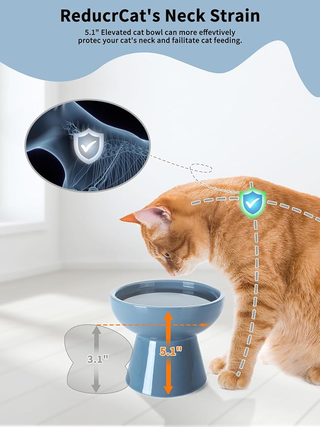 LoeJan Elevated Cat Food and Water Bowls Set, Extra Wide and Raised Ceramic Feeder, Anti-Vomit Whisker-Free Pressure Feeding Bowl for Kittens Adult Small Dogs, Deep Blue