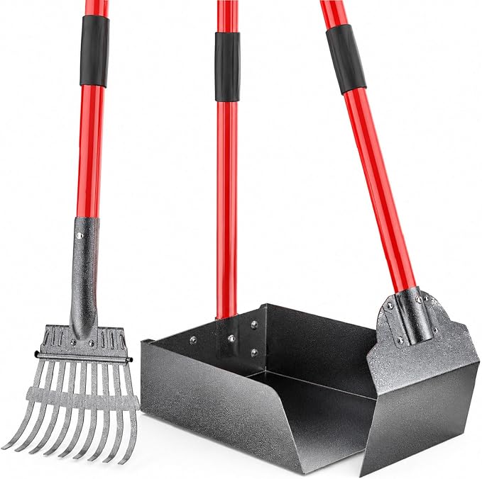 Heavy Duty Metal Pooper Scooper for Large Dogs,Long Handle Dog Pooper Scooper with Large 9.5'' Tray & Rake,Rustproof Aluminum Pet Waste Scooper for Grass,Gravel & Yard