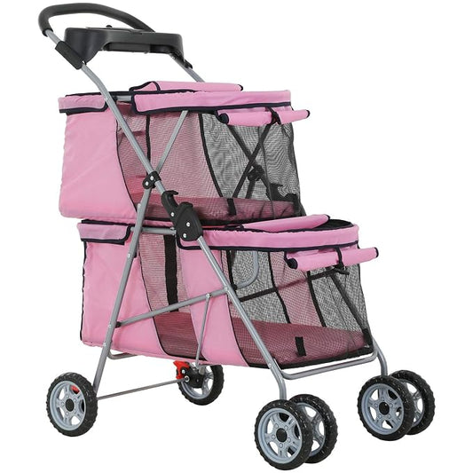 Dog Stroller Cat Pet Carriers for Small Medium Dogs Cats Travel Camping 4 Wheels Lightweight Folding Crate Stroller with Soft Pad (Pink)