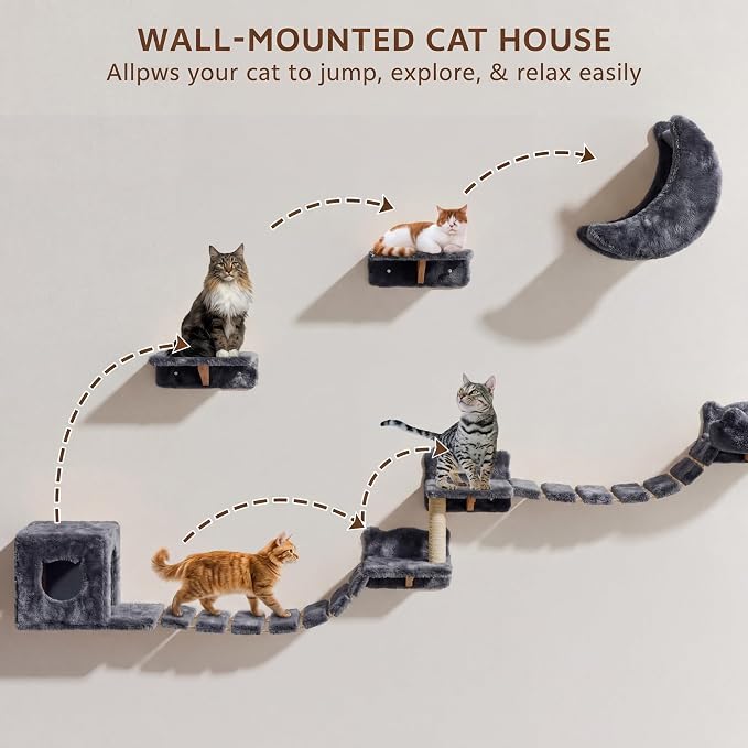Cat Wall Furniture, 13 in 1 Moon & Bridge Cat Wall Shelves, Grey | Wall Mounted Cats Shelf Set with Plush Fabric, Cat Climbing Systems for 16 Inch Drywall, Condo, Scratching Post, Space-Saving