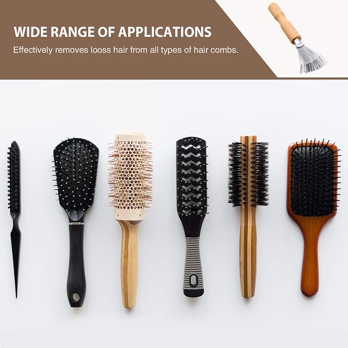 Boao Hair Brush Cleaner, 2 Pieces Mini Hair Dirt Remover Brush with Metal Wire Rake, Wooden Handle for Home and Salon Use(Handle with Groove) | Hair Brush Cleaner Tool，Comb Rake Cleaning Kit, Removes Hair Lint Dirt, Grooved Grip Handle, Salon Home Use