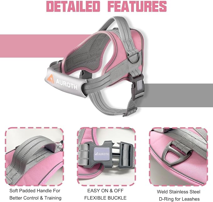 AUROTH Dog Harness for Large Dogs No Pull Tactical Harness and Leash Set | with Leash Clips, LED light clip, Breathable Mesh Padded No Choke, Easy Walking and Training, Pink, Large