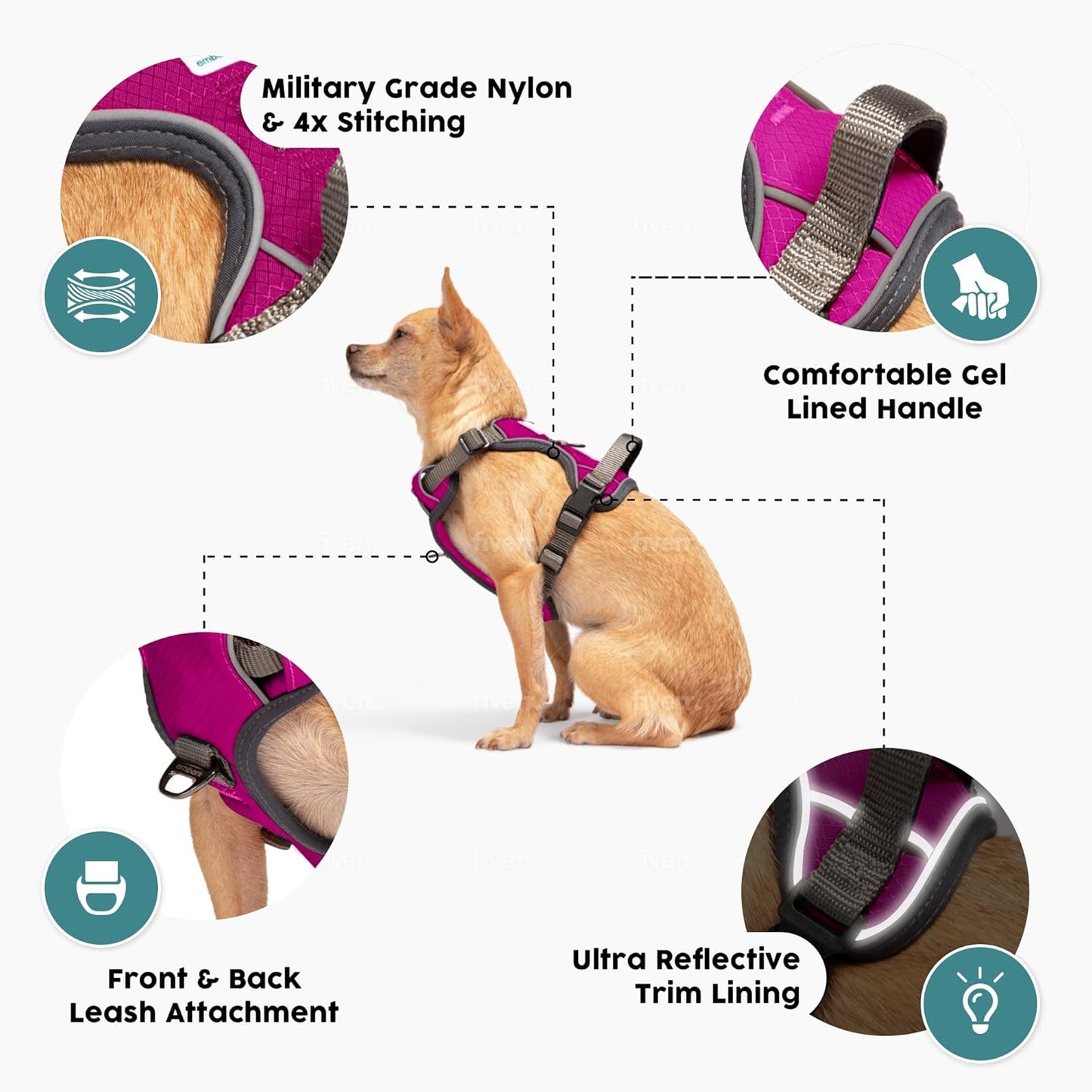 Embark Adventure Dog Harness, Reflective Trim No Pull Dog Harness Medium Sized Dogs - Military Grade Nylon, Front Clip with Gel Lined Handle.