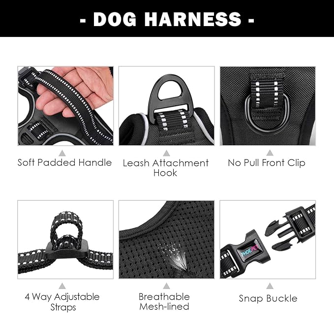 No Pull Dog Harnesses for Small Dogs Reflective Adjustable | Front Clip Vest with Handle 2 Metal Rings 3 Buckles [Easy to Put on & Take Off](XS, Black)