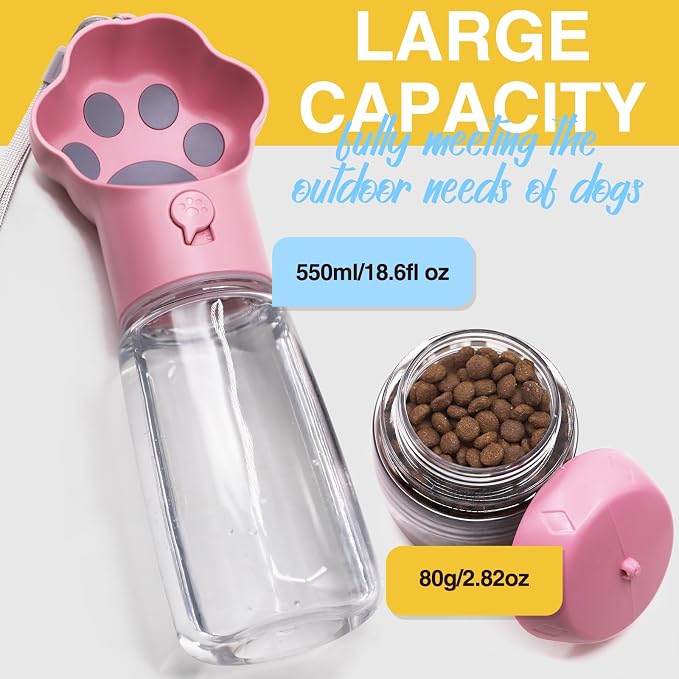 Dog Water Bottle with Food Container, Portable Pet Dispenser, Leak Proof, Hiking, Puppy Travel, Outdoor Activities(18.6 fl.oz/550ml, Pink)