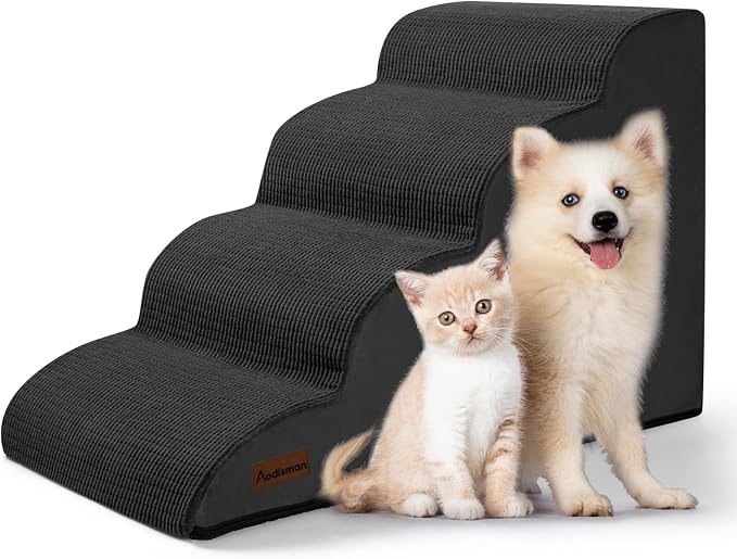 Aodisman Dog Steps for Bed or Couch,4-Step Pet Stairs Ramp for Small Dogs | 17.4" H Indoor Non-Slip Dog Stairs Help Senior Dogs,Short-Legged Breeds,Puppies and Cats to Reach Beds and Chairs,Grey,Black