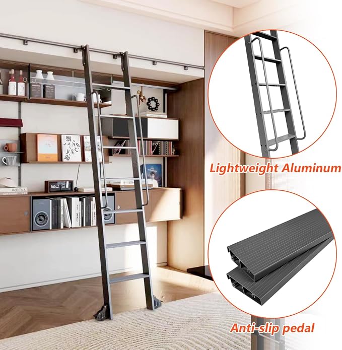 DIYHD 120" Rolling Library Ladder with Handrail, 4FT Sliding Rail, Black | 10-Step lightweight ladder with space-saving upright storage, Telescopic top hooks, Locking bottom rollers, 300lbs capacity