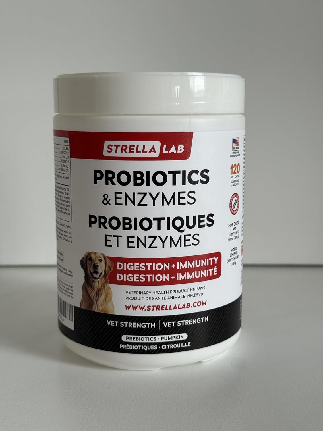 STRELLALAB Vet Strength Dog Probiotics Treats - 1 Billion CFU + Digestive Enzymes + Prebiotics - Chewable Fiber Supplement w/Pumpkin - Allergy, Diarrhea, Gas, Constipation, Upset Stomach Relief