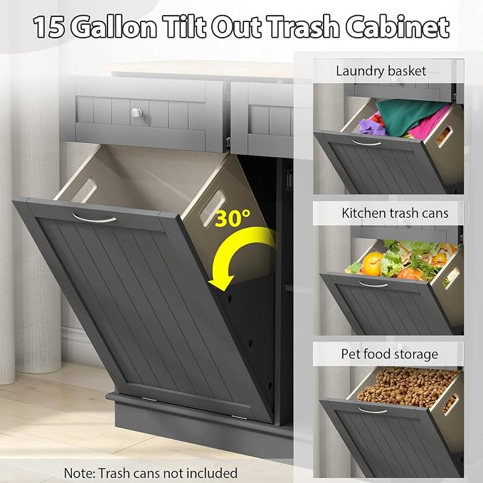 POWERSTONE Hidden Tilt Out Trash Cabinet Kitchen Island with 2 Drawers & Adjustable Shelf, Rubber Wood Countertop, Freestanding Laundry Hamper Recycle Bins, Pet Proof Garbage Can Holder Grey