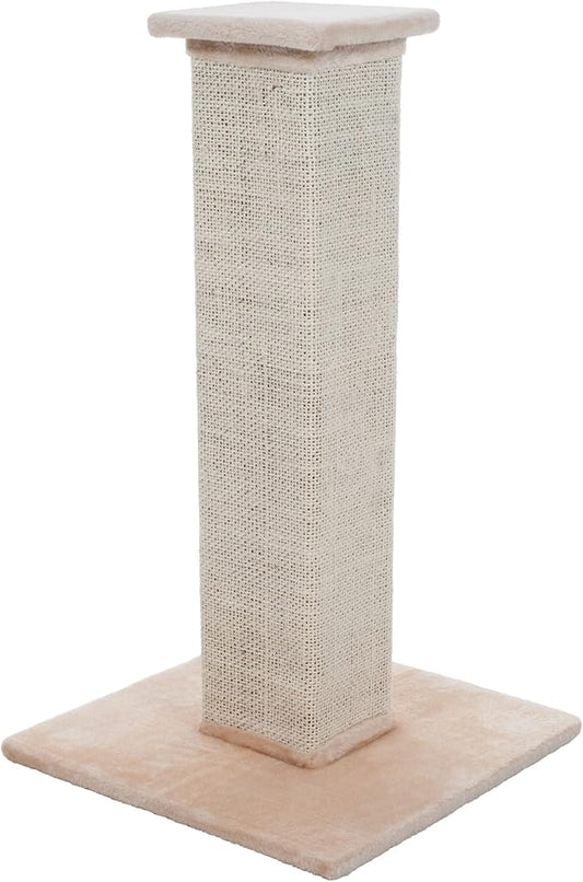 Cat Scratching Post with Carpeted Base - 27.75-Inch Sisal Burlap Fabric Scratcher - Furniture Scratching Deterrent for Indoor Cats by PETMAKER (Beige)