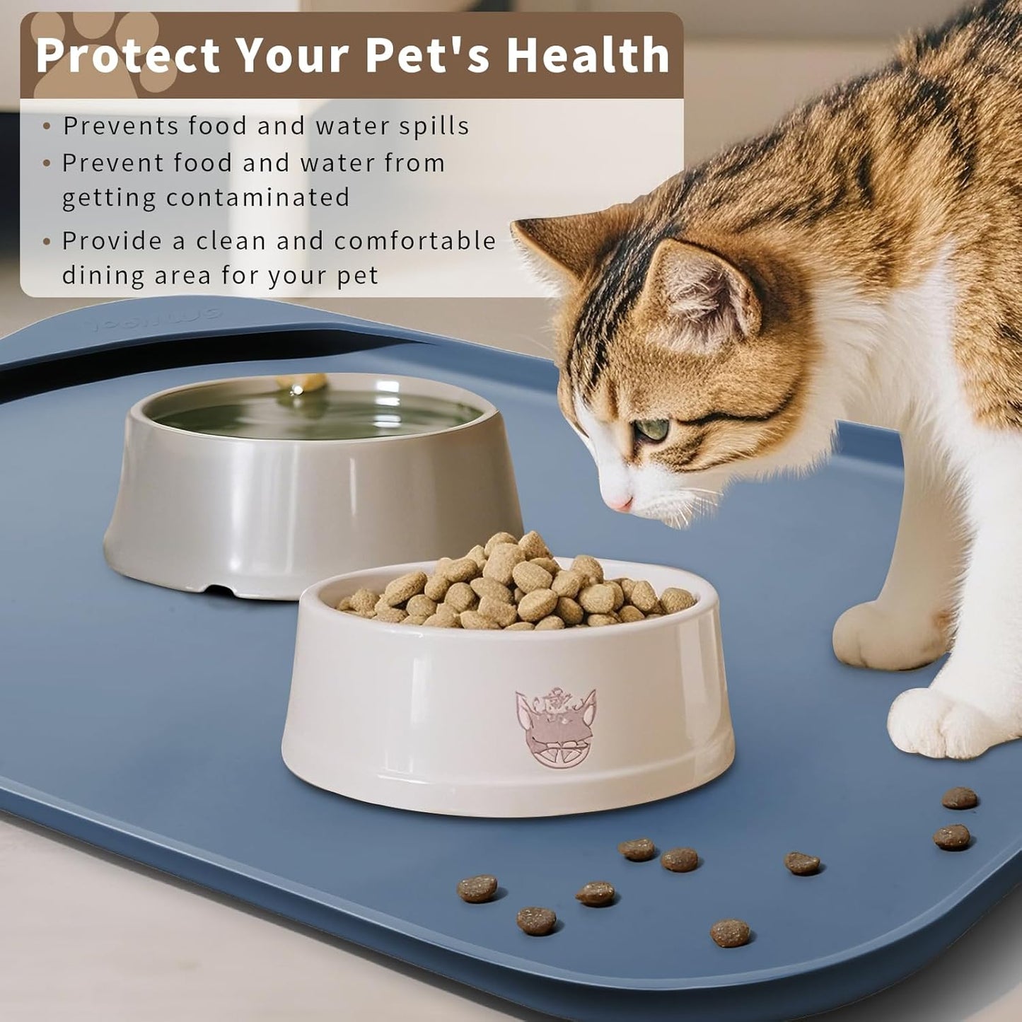 Silicone Pet Feeding Mat with Raised Edge & Residue Collection Pocket for Food and Water, Dog Bowl Mats, Cat Bowls Placemat with High Lip for Floor Waterproof, 22 x 14 x 0.8 Slate Blue