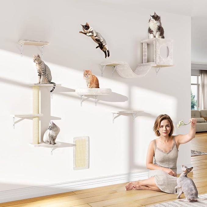 6-in-1 Cat Wall Shelves, Wall Mounted Cat Climber with Condo House, Scratching Post, Bridge Ladder, Space-Saving Indoor Play Furniture for Kittens, Beige