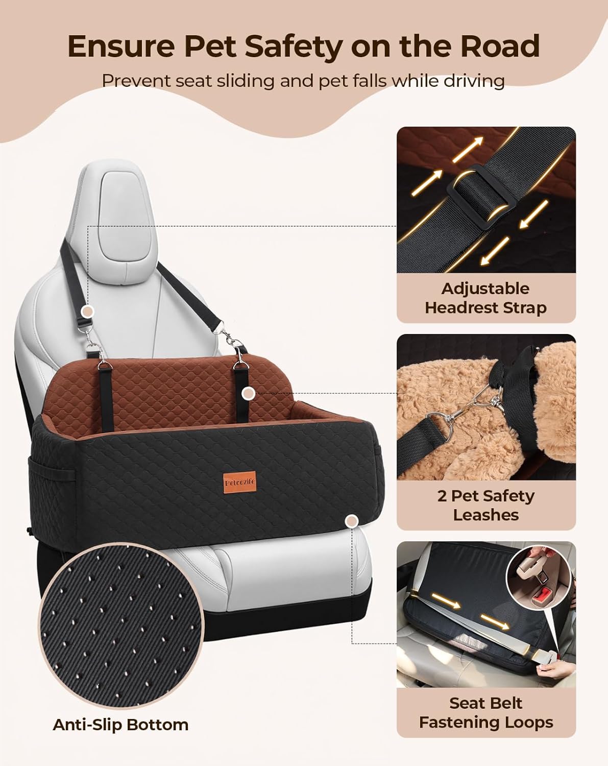 Dog Car Seat for Large Medium Dogs, Pet Car Seat Under 55 lbs or 2 Puppies, Removable Washable Pets Travel Booster Bed for Automotive Backseat with Comfy Thick Cushion, 2 Safety Leashes(Black/Brown)