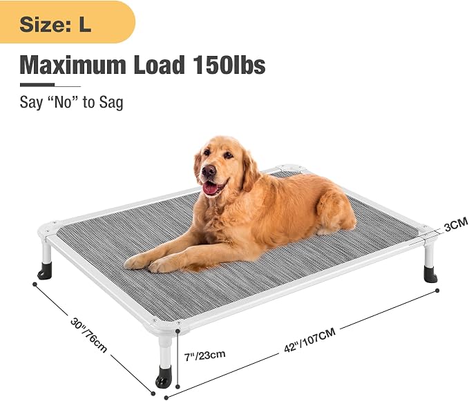Veehoo Chew Proof Elevated Dog Bed, Cooling Raised Pet Cot, Silver Aluminum | Indestructible Dog Bed with Durable Textilene Mesh Fabric, No-Slip Feet for Indoor or Outdoor Use, 42", Large, Black Silver