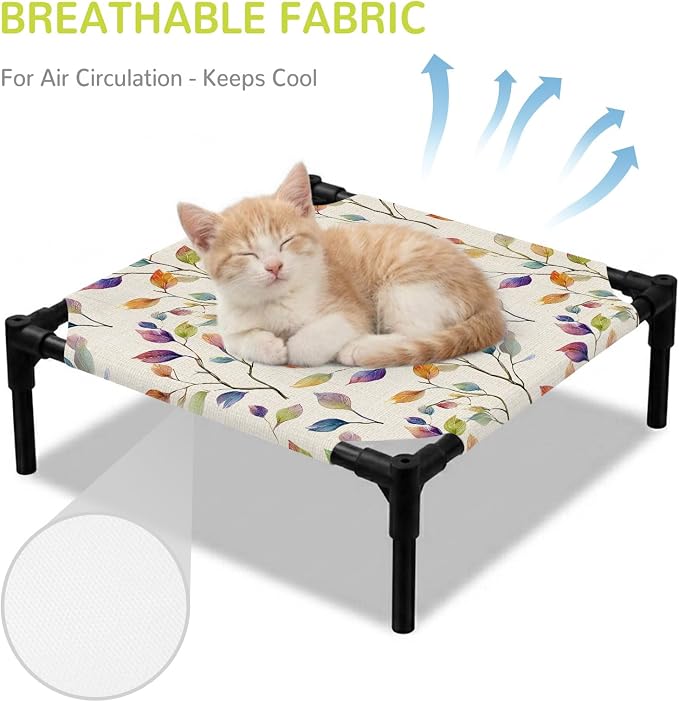 Outdoor Elevated Dog Bed for Small Dogs, Colorful Leaves Breathable Cooling Raised Dog Cot for Indoor/Outdoor, Farmhouse Branches Botanical Vintage Waterproof Elevated Pet Beds, S 20 x 20 in