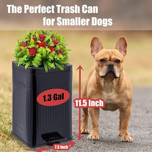 Metal Dog Poop Trash Can Outside - Small Outdoor Garbage Can with Pedal | Stainless Steel Dog Waste Container with Lid - Decorative Trash Bin (Faux Plant) - Hidden Trash Bucket - Black & Flower