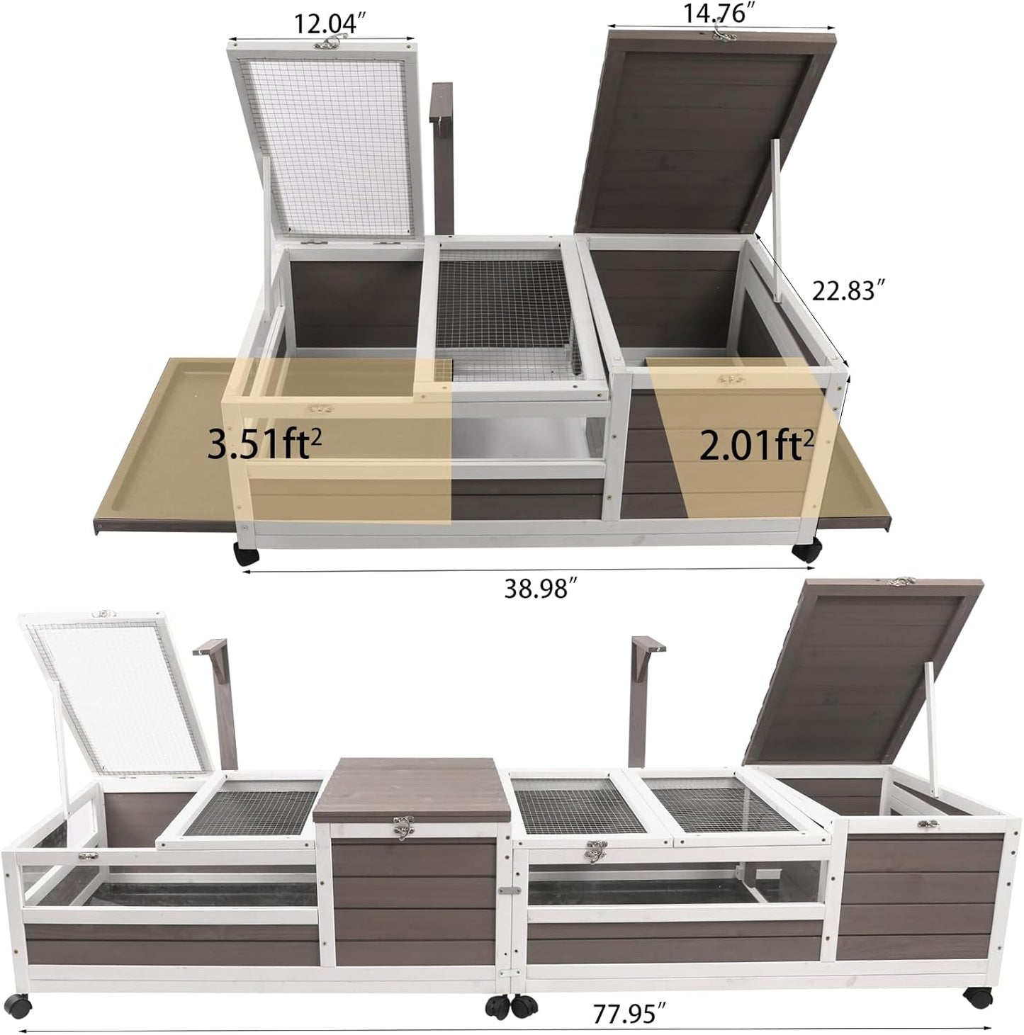 Tortoise Habitat Cage on Wheels with Lamp Stand & Pull-Out Waterproof Tray – Large Wooden Tortoise House, Indoor Outdoor Reptile Enclosure 39''L*23''W*14''H