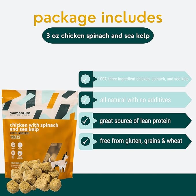 Momentum Carnivore Nutrition Freeze-Dried Chicken, Spinach & Sea Kelp Dog Treats & Cat Treats – Single-Ingredient Recipe, High-Protein, Grain-Free, Natural Superfood Blend – Made in USA – 3 oz Bag