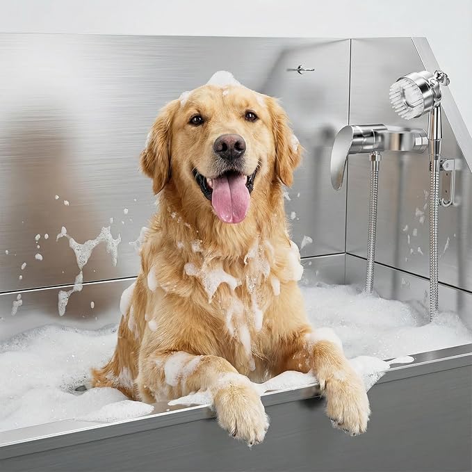 38" Stainless Steel Dog Washing Station - 304 Seamless Soaking Tub for Small & Medium Dogs, Non-Slip & Leak-Proof Pet Grooming Sink with Bottom Storage Shelf & Hair Catcher for Home & Spa | Dog grooming tub, hot cold faucet, fixed sprayer, shampoo disp...