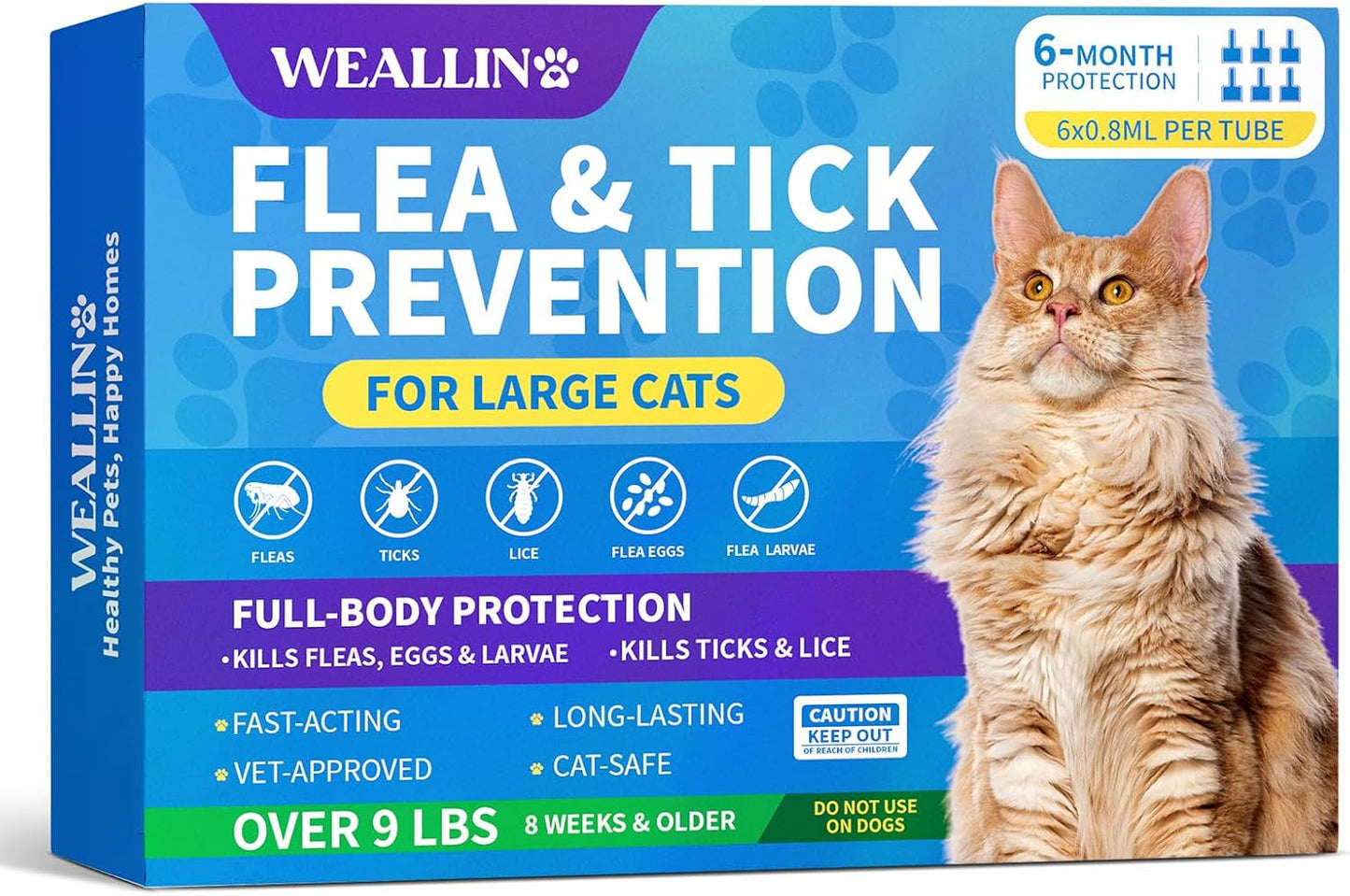 Flea and Tick Prevention for Large Cat, Fleas and Ticks Treatment for Cats Over 9 lbs, Topical Cat Flea Treatment, Fast-Acting & Long-Lasting Fleas Control for Cats, 6-Dose Supply