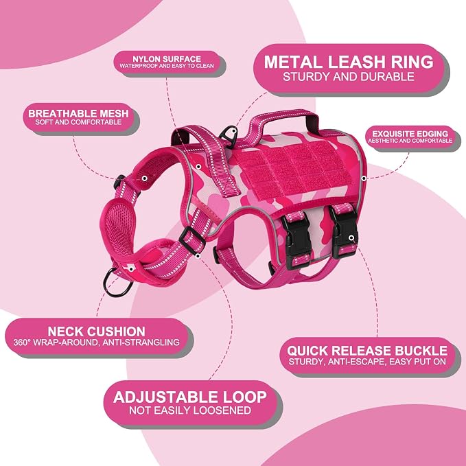 Dog Harness for Large Dogs, No Pull Tactical Vest with Front Clips | Easy Contrl Handle, Breathable Soft Padded, Adjustable, Reflective, Heavy Duty, Easy Take On & Off, Pink Camo X-Large