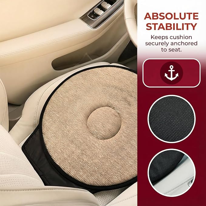 360 Degree Swivel Car Seat Cushion, Round Rotating Non Slip Vehicle Chair Pad for Elderly Support, Portable Removable Automotive Interior Seat Assist Pad, Universal for Sedan RV Truck (Beige)