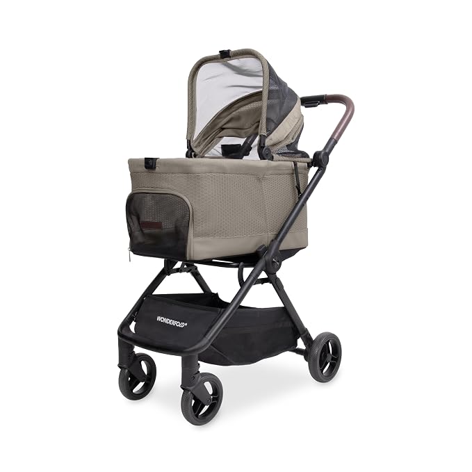WonderFold Bella Pet Stroller - Autofold Design with Lightweight Aluminum Frame, Breathable Carriage Fabrics and Canopy, Safety Tethers & Easy-Clean Interior - Dune