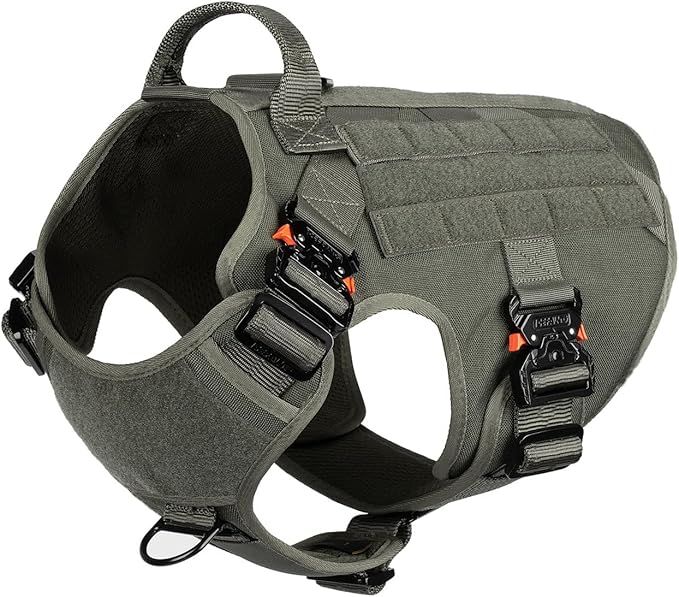 ICEFANG Tactical Dog Harness for Large Dogs,Full Metal Buckles Dog Vest | with MOLLE, Reflective,Adjustable,2 Leash Clips,Control Handle,No Pull,Soft Padded,Green,Large