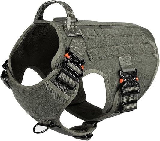 ICEFANG Tactical Dog Harness for Large Dogs,Full Metal Buckles Dog Vest | with MOLLE, Reflective,Adjustable,2 Leash Clips,Control Handle,No Pull,Soft Padded,Green,Large