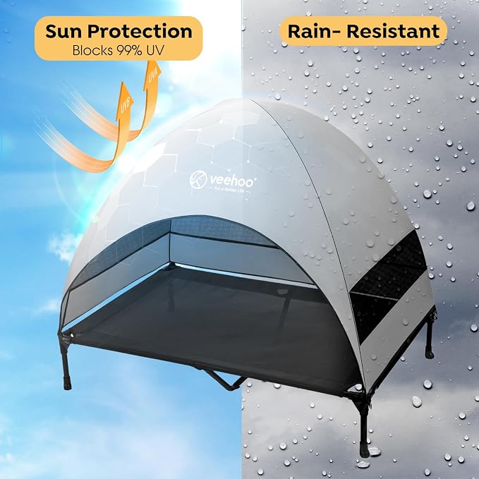 Veehoo Outdoor Dog Bed with Canopy, Cooling Elevated Dog Shade for Outside | Portable Raised Dog Cot with Removable Shade, Sun Protection Dog Tent Outdoor for Camping, Beach, 49" x 43.5", Black