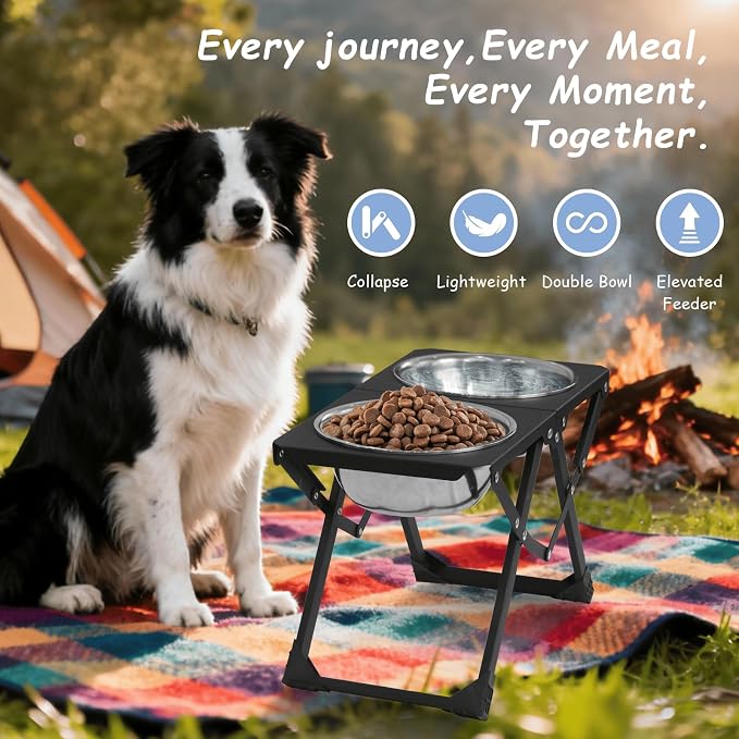 Foldable Elevated Dog Bowl Holder with 2 Large 58oz Stainless Steel Bowls, 10.2" Tall Raised Dog Bowl Stand for Medium/Large Breeds with Silicone Mat, Indoor and Outdoor Use