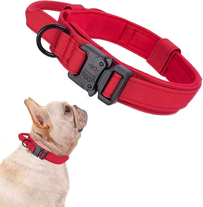 Tactical Dog Collar for Large Dogs with Control Handle,Red,S | 1000D Heavy-Duty Nylon Fabric,Quick-Release Metal Buckle,Adjustable Fit,Soft-Padded Webbing,D-Ring,for Training & Hiking