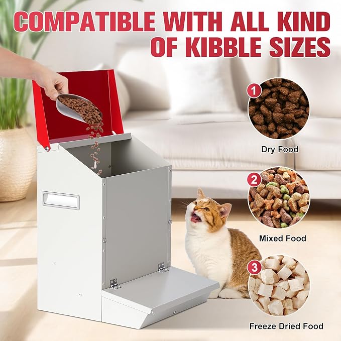 Automatic Cat Feeder 2 Cats,50cups/12L Pet Feeders Large Capacity Outdoor | Galvanized Steel Multiple Cats Feeder Gravity Dog Dry Food Dispenser with Lid