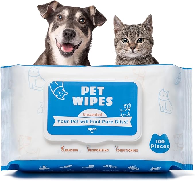 Tetesol Dog Wipes for Pets Cats-100 Count All Purpose Unscented Wet Wipes for Paw Butt Cleaning,Grooming,AlcoholFree,Vitamin E,pH Balanced