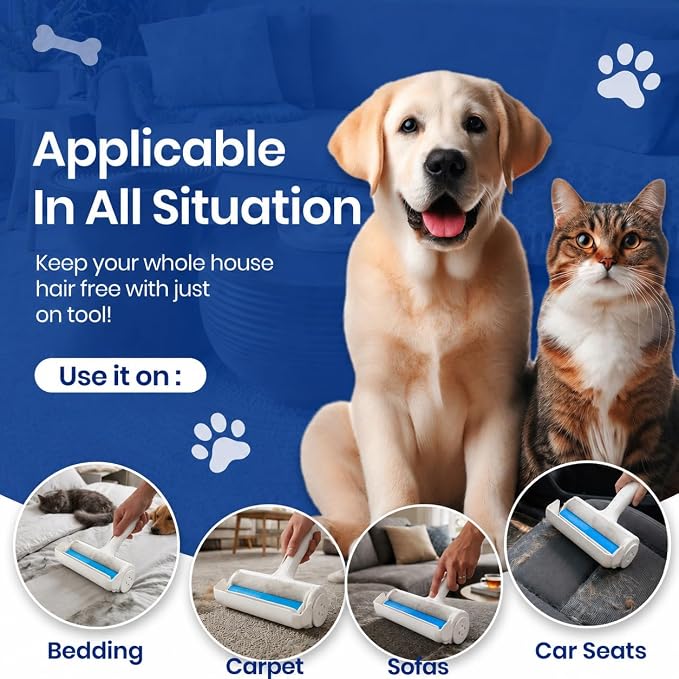 Pet Hair Remover for Dogs & Cats - Reusable Lint Roller & Hair Remover Tool for Couch, Carpet, Furniture, Bedding & Car Seats - Portable & Easy Clean Pet Fur Remover Roller for Home & Travel (Blue)