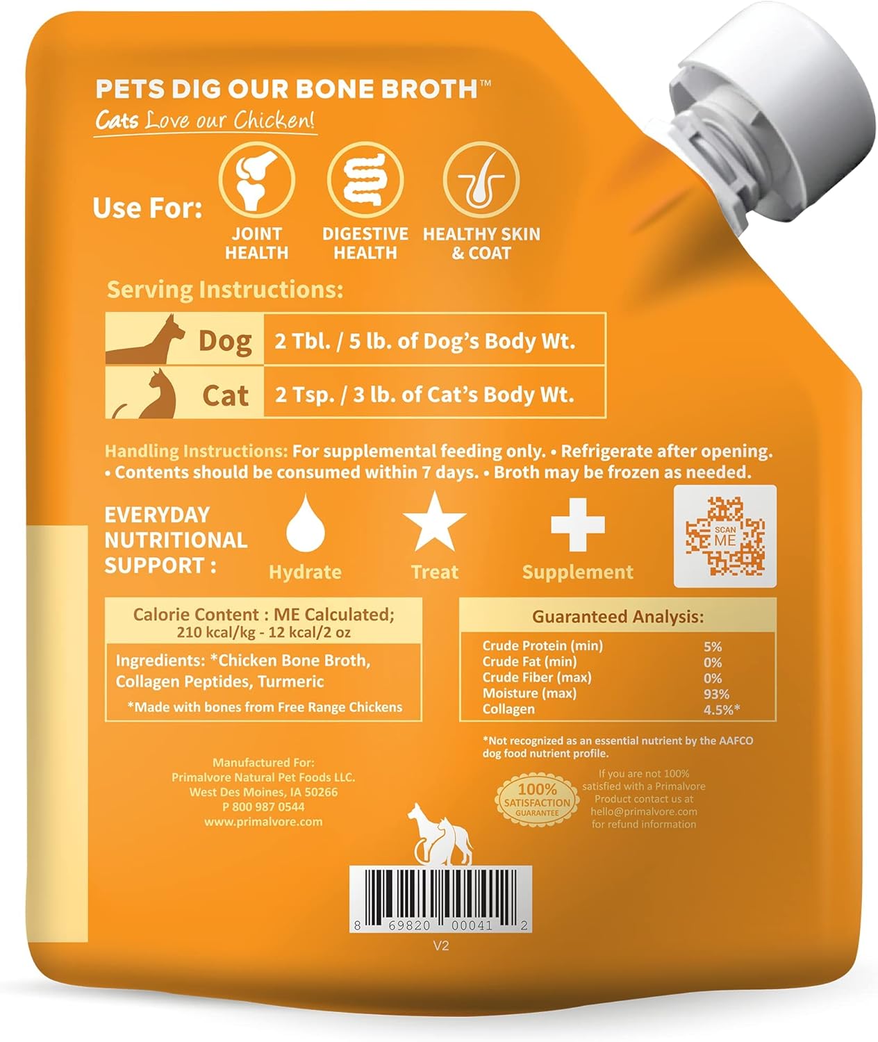 Primalvore Free-Range Bone Broth for Dogs &Cats, Mobility Formula w/Collagen Peptides to Help Support Hip & Joints, Digestion, Skin & Coat and Hydration, Human Grade, Made in USA. Chicken 2 Pack