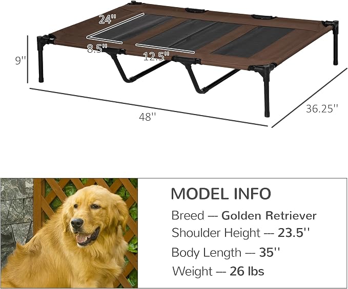 PawHut XL Elevated Dog Bed Outdoor Raised Dog Bed w/Carry Bag Tan | Portable Pet Cot, Metal Frame, Breathable Mesh, Indoor and Outdoor
