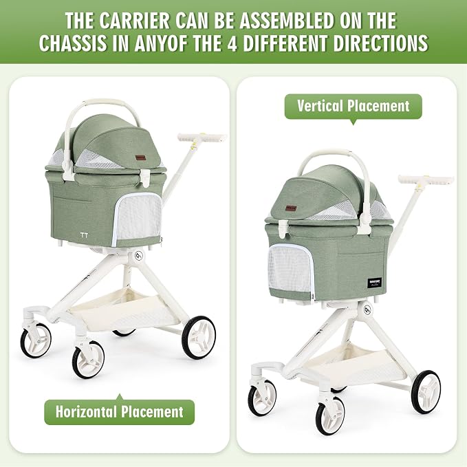 TT Pet Stroller for Small Dogs & Cats (Green) | Detachable Carrier, Aluminum Alloy Frame, Adjustable Handle, Easy Assembly, One-Touch Braking, Larger Rear Wheels
