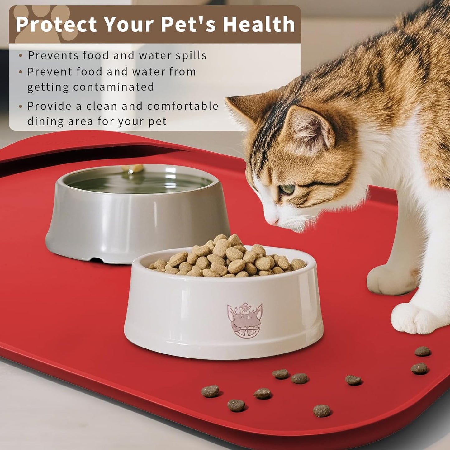 Silicone Pet Feeding Mat with Raised Edge & Residue Collection Pocket for Food and Water, Dog Bowl Mats, Cat Bowls Placemat with High Lip for Floor Waterproof, 19 x 12 x 0.7 Red