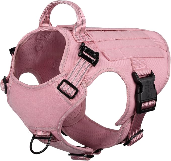 ICEFANG Tactical Dog Harness for Small Dogs,Reflective No Pull Dog Vest | with Control Handle,Adjustable,Front Hook,2 Leash Clips,Soft Padded,MOLLE Panel,Pink,Small